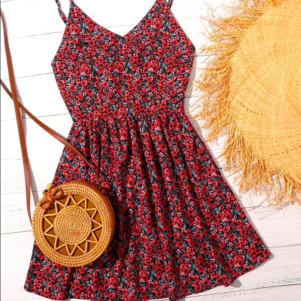 Shein Red Floral Mini Dress Size XS